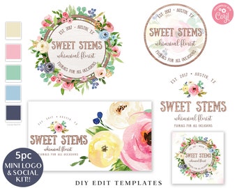 Editable 5pc Branding Bundle, DIY Edit Logo & Social Template Package, Watercolor Floral Business Startup Kit, Instant Edit Logo SS-005