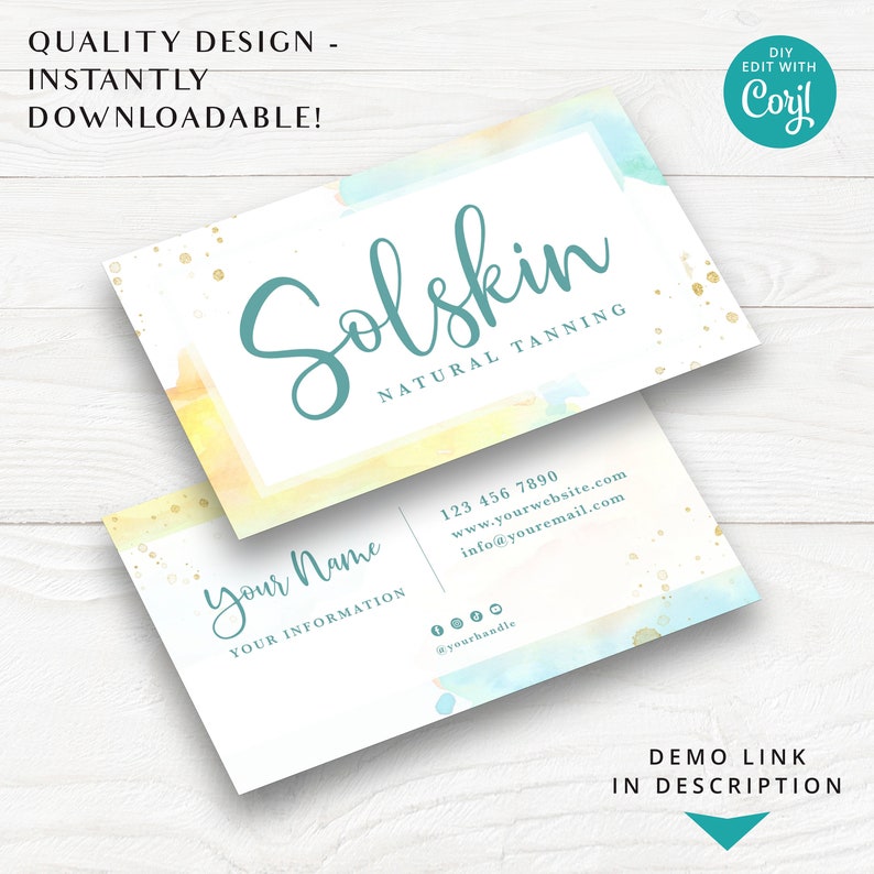 DIY Editable Branding Bundle, 4pc Beach Watercolor Splash Logo & Instant Edit Business Card Template, DIY Editable Template Set SS-001 image 7
