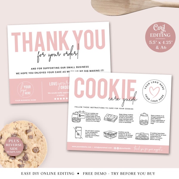Cookie Care Card Editable Template, 2 Sizes Printable Biscuit Care Template, Minimalist Cookie Guide, Cookie Care Instructions Insert PD-001