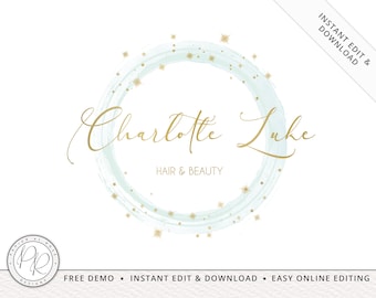 Editable Turquoise and Gold Watercolor Watermark Premade Logo  |  Instant Edit Online |  Premade Logo - 5 Colors  | Custom Logo CL-001