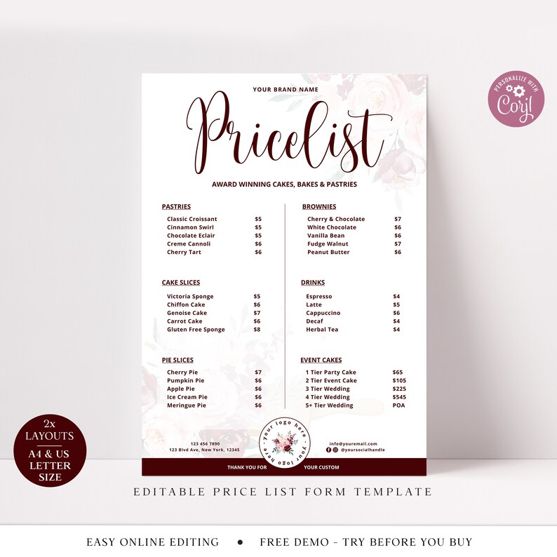 Bakery Price List Template A4 & US Letter Boho Editable Etsy UK