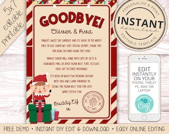 Christmas Elf Goodbye Letter Template, Personalised Instant Download Editable Elf Bye Letter, Printable Elf Prop Ideas Elf Activity EL-001