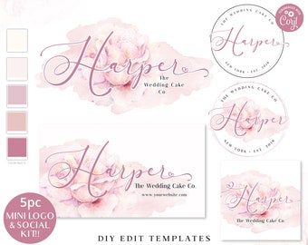 Editable Pink Branding Bundle, DIY Edit 5pc Business Logo Set & Social Branding Kit, Instant Download Watercolor Splash Facebook HW-001