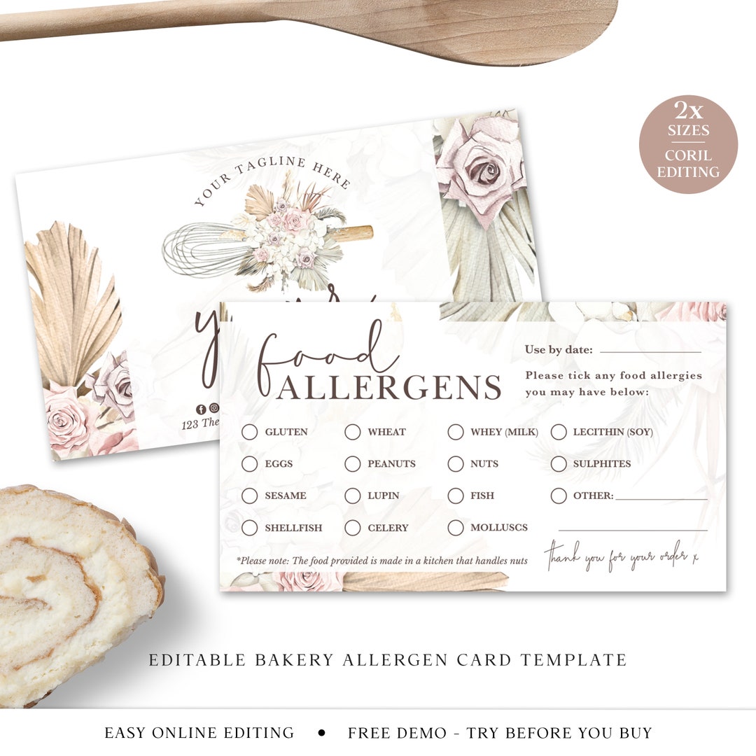 Allergen Card Editable Template, (2 Sides) DIY Edit Bakery Allergy ...