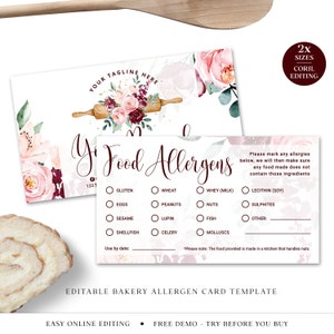 Allergen Card Editable Template, 2 Sides DIY Edit Bakery Allergy ...