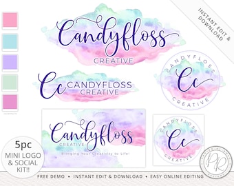 5pc Logo Suite & Social Instant Download Branding Kit Candyfloss Pastel Watercolor | Premade Business logo | Edit yourself Online! CF-001