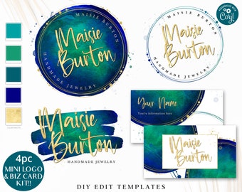 DIY Edit Branding Bundle, Editable Logo Kit, Premade Logo Set & Business Card Template, Instant Access Bright Watercolor Company Logo MB-001