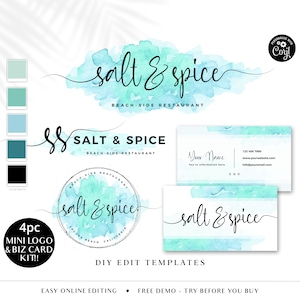 Editable Branding Bundle, DIY Edit Logo and Business Card Template, Instant Premade Turquoise Watercolor Splash Branding Kit SS-003
