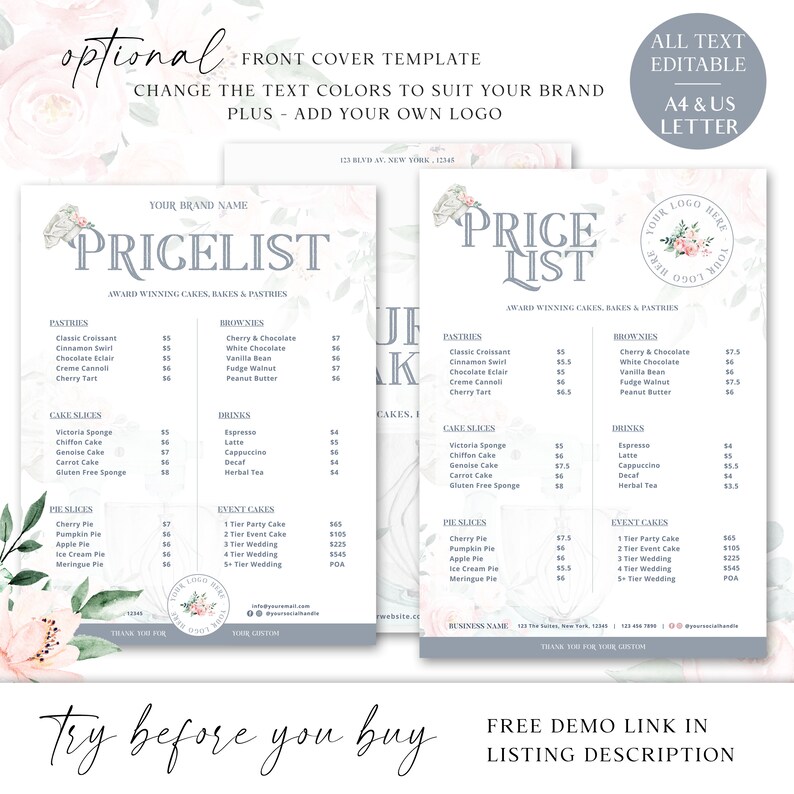 Bakery Price List Template A4 & US Letter Editable Pricing Etsy