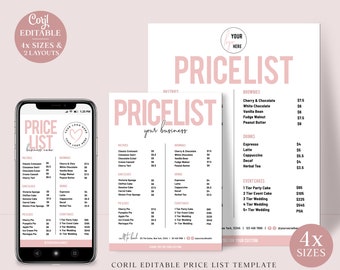 Price List Template Bundle, Printable Business Pricing Menu Template, (4 Sizes) Simple Company Price Guide, Customizable Price Sheet PD-001