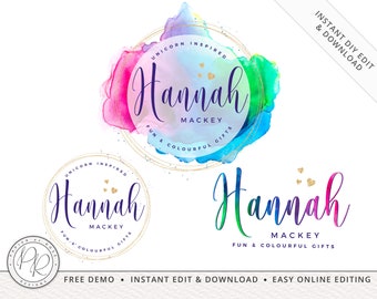 DIY Edit Digital Download 3 x Logo Suite Bright Rainbow Watercolor Splash Logos Branding | DIY Online Edit logo | Editable Template HM-001