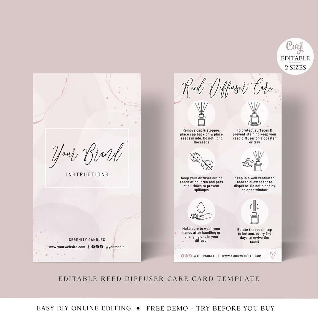 Editable Reed Diffuser Care Card Template, 2 SIZES Room Diffuser
