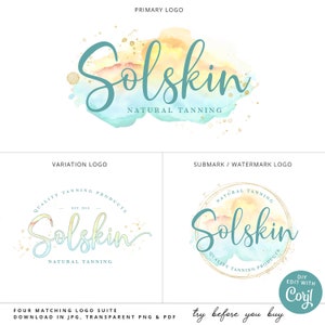 DIY Editable Branding Bundle, 4pc Beach Watercolor Splash Logo & Instant Edit Business Card Template, DIY Editable Template Set SS-001 image 4