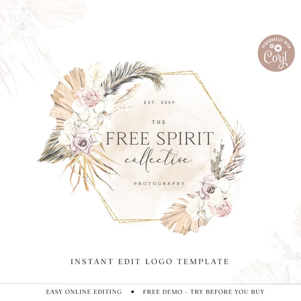 Editable Bohemian Logo Template, Florals & foliage Boho Frame Logo Design, Instant Download DIY Company Logo, Premade Logo - PR0531