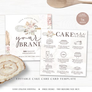 Editable Cake Care Card (3 Sizes) Printable Cake Care Template, Watercolor Whisk Cake Care Guide, Wedding Cake Transport Instructions VB-001