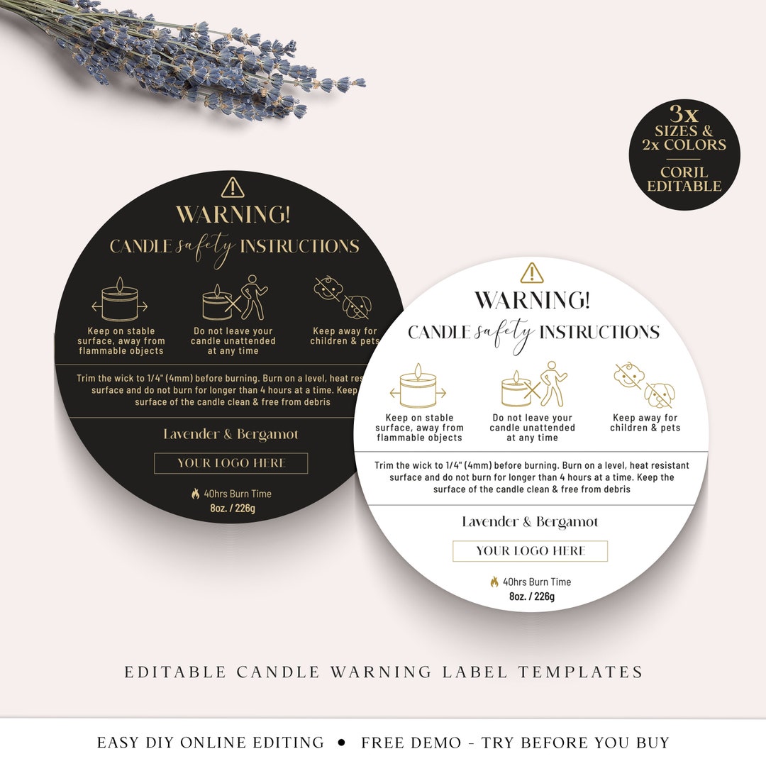 Editable Candle Warning Label Template (3 Sizes) DIY Candle Safety ...