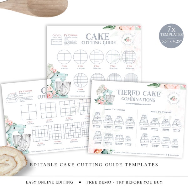 Editable Cake Cutting Guide 7 x Templates Bundle, Printable Wedding Cake Portion Instructions, Round, Square & Sheet Cake Serving JB-001