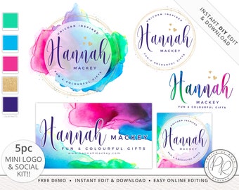 Editable 5pc Mini Kit Logos Suite & Social Package Bright Rainbow Watercolor Gold Foil Branding Premade Logo | Instant DIY Edit HM-001