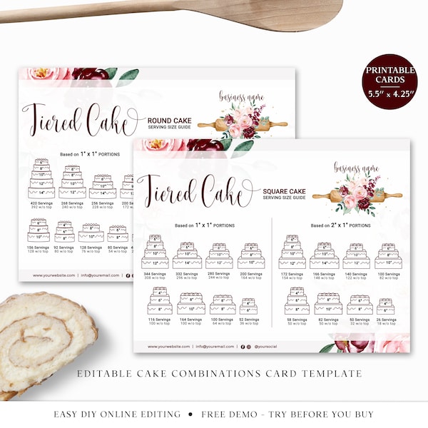 Tiered Cake Combinations Guide Template, Editable Tiered Cake Portion, Floral Bakery Round & Square Cakes Serving Size Diagram CQ-001