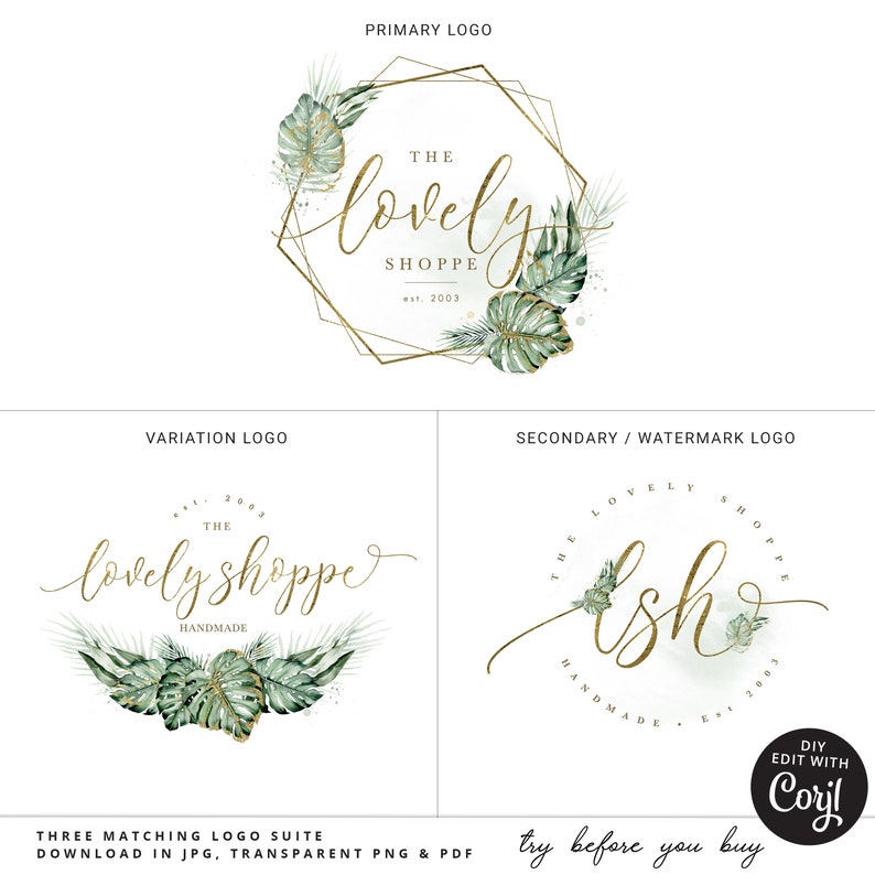 Editable Branding Bundle, 8pc DIY Edit Logo Business Card Template, Premade Social Boho Green & Gold Foliage Design, Brand Kit LS-001 image 5