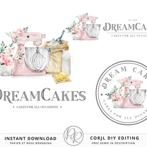 DIY Premade 3 x Logo Suite Farmhouse Cake Decorator Baking Watercolor Branding Kit Package | Instant Edit DIY logo Editable Template DC-001