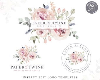 Editable Logo Template Bundle, DIY Edit Boho Inspired Premade Logo, Instant Premade Business Logo, Watercolor Wreath Logo Design PT-001