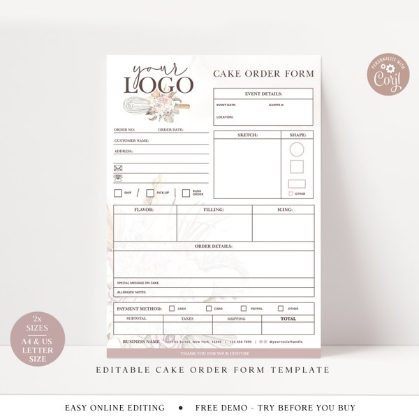 Cake Order Form Template, Editable Cake Business Order Form, Printable Bakery Order Form, DIY Customizable Wedding Cake Client Order VB-001