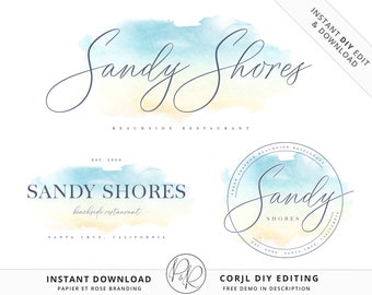 Premade 3 x Logo Suite Beachy Watercolor Splash Modern Logos Branding | Instant Edit Yourself Online | DIY logo | Editable Template SS-002