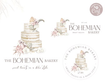 Editable Logo Bundle, 3 x Boho Florals Baking Logo Kit Branding Kit, Instant Edit DIY Cake Maker Logo Trio, Bohemian Logo Template BB-003