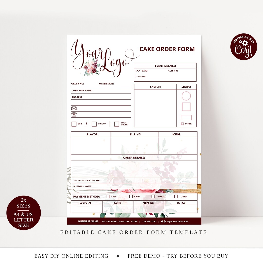 Cake Order Form Template, Editable Cake Business Order Form, Printable ...
