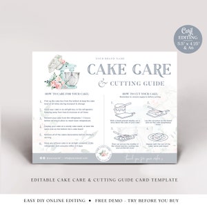 Cake Care and Cutting Guide Editable Template, 2 Sizes Printable Event Cake Portion Instructions, Minimal Bakery DIY Cake Serving JB-001