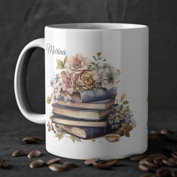 Bücher Blumentasse Namenstasse Leseratten personalisierte Büro Tasse Geschenk für Bücherwürmer Freunde von Blumen ,Pflanzen und Literatur