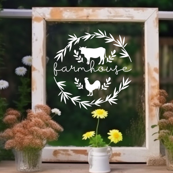 Farmhouse Sticker Aufkleber Gartendeko Fensterbild Glasaufkleber Vinyl Bild im Shabby Home Style Landhausdeko Fenster Schriftzug Huhn u. Kuh