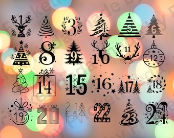 Christmas calendar numbers 1-24 DIY Advent calendar craft, plotter file iron-on transfers, stickers, print Advent calendar numbers download