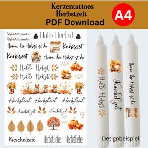 Herfstkaars tattoo PDF DIN A4-sjabloonbestand voor waterglijbaanfoliedecoratie voor kaarsen als herfstdecoratie, herfsttijdstickerfolie zelf printen