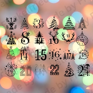 Könnte beinhalten: Schwarz-weißer Weihnachts-Adventskalender mit 24 nummerierten Illustrationen. Die Illustrationen zeigen Weihnachtsbäume, Rentiere, Kugeln und Geschenke.