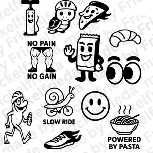 Puede incluir: Ilustraciones de dibujos animados en blanco y negro de varios objetos y personajes, incluyendo una tortuga con casco, una porci&oacute;n de pizza y una carita sonriente. El texto incluye "NO PAIN NO GAIN" y "POWERED BY PASTA".