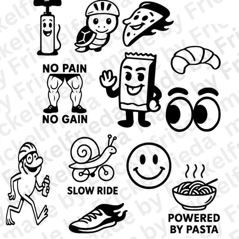 Puede incluir: Ilustraciones de dibujos animados en blanco y negro de varios objetos y personajes, incluyendo una tortuga con casco, una porci&oacute;n de pizza y una carita sonriente. El texto incluye "NO PAIN NO GAIN" y "POWERED BY PASTA".