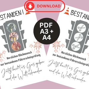 Geldcadeau rijbewijs cadeau-idee om zelf uit te printen. Direct downloaden A4/A3 als PDF-examen geslaagd. Geld inpakken unisex DIY