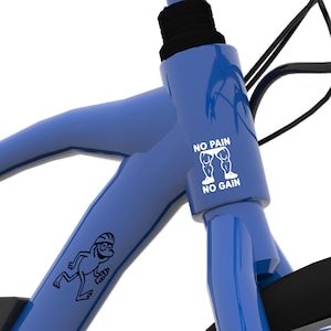 Puede incluir: Primer plano de un cuadro de bicicleta azul con detalles en negro. El cuadro presenta un dibujo de una rana de dibujos animados y el texto "NO PAIN NO GAIN" en blanco. La bicicleta est&aacute; dise&ntilde;ada para fitness y ejercicio.