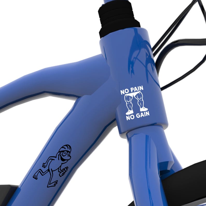 Puede incluir: Primer plano de un cuadro de bicicleta azul con detalles en negro. El cuadro presenta un dibujo de una rana de dibujos animados y el texto "NO PAIN NO GAIN" en blanco. La bicicleta est&aacute; dise&ntilde;ada para fitness y ejercicio.