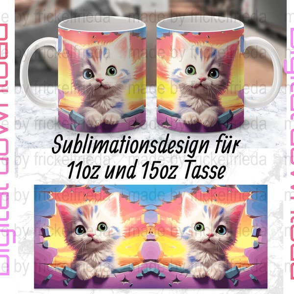 Baby kitten Crack in a sunset Sky hole vibrant Cat cute animal Mug Sublimation Design, 11oz and 15 oz , cats Mug Wrap, Png, Sofort Download