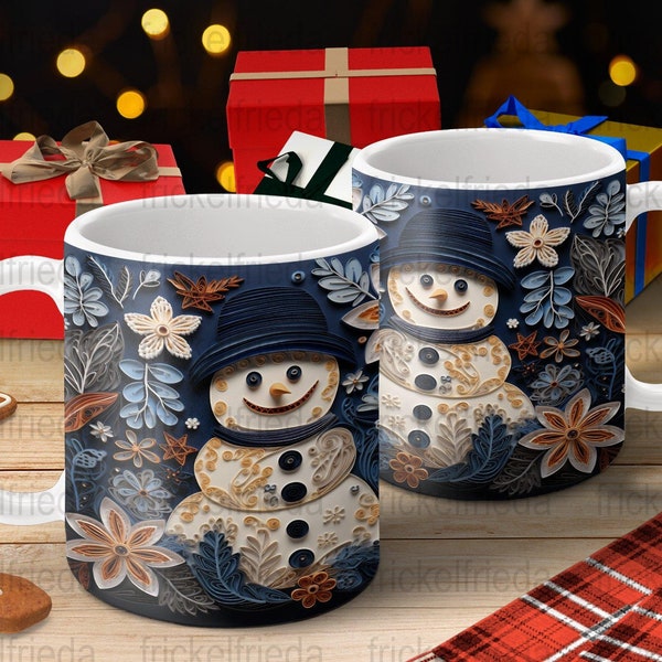 3D Schneemann Datei Papierschnitt aufgeblasene Optik für Winter Weihnachten Tasse 11oz und 15oz Sublimation Design, Png, Instant Download