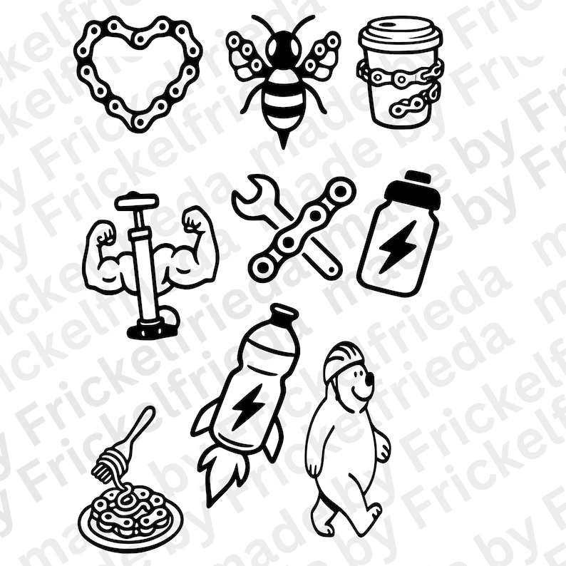 Puede incluir: Una colecci&oacute;n de ilustraciones en blanco y negro. Los dise&ntilde;os incluyen un coraz&oacute;n hecho de cadena de bicicleta, una abeja, una taza de caf&eacute;, un levantador de pesas, una llave, una botella de agua, un cohete, un oso y espaguetis.