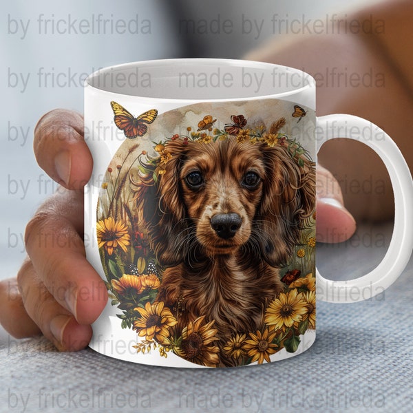 Dachshund wildflowers diy dog mugwrap , puppy dog portrait file for mugs png sublimation template, digital download 11oz /15oz mug, pet gift