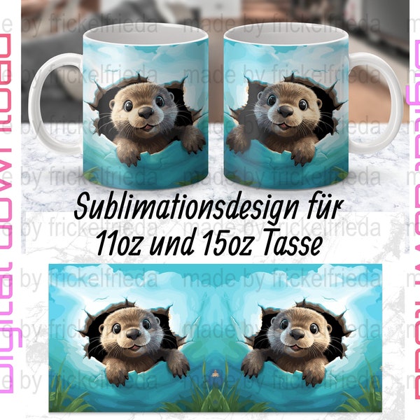 cute otter 3D crack in hole Blue sky Nature Wildlife animal Mug Sublimation Design, 11oz and 15 oz Wrap, Mug Wrap, Mug Png, Sofort Download