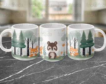 woodland animals mugs sublimation design pattern for 11oz png file coffee wrap for coffee mug template sublimate Instant download