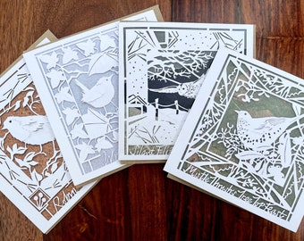 Collection de cartes Oiseaux d'hiver IMPRESSIONS 4 motifs Troglodyte mignon Merle-guis grive par Jessica Thomas 125 x 125 mm