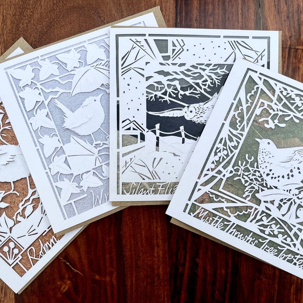 Winter Birds Card Collection Pack PRINTS 4 Designs Owl Wren Robin Mistle Thrush Birds by Jessica Thomas 125x125mm