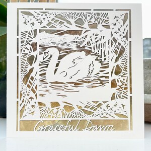 Impression artistique carte de voeux « Graceful Dawn » cygne carré 125 x 125 mm vierge à l'intérieur